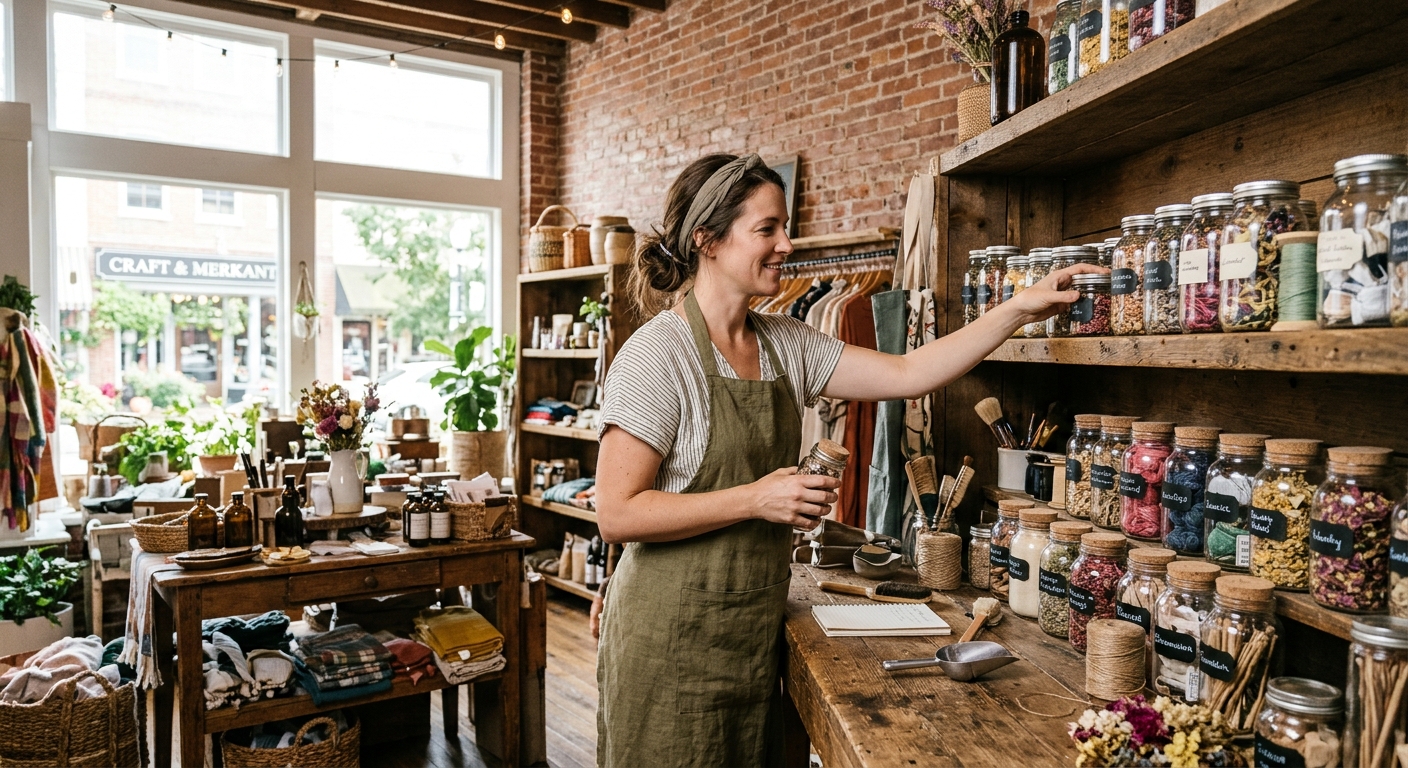 a female small business owner organizing glass jars and craft supplies on a wooden workbench inside a cozy local shop with exposed brick walls and large front w
