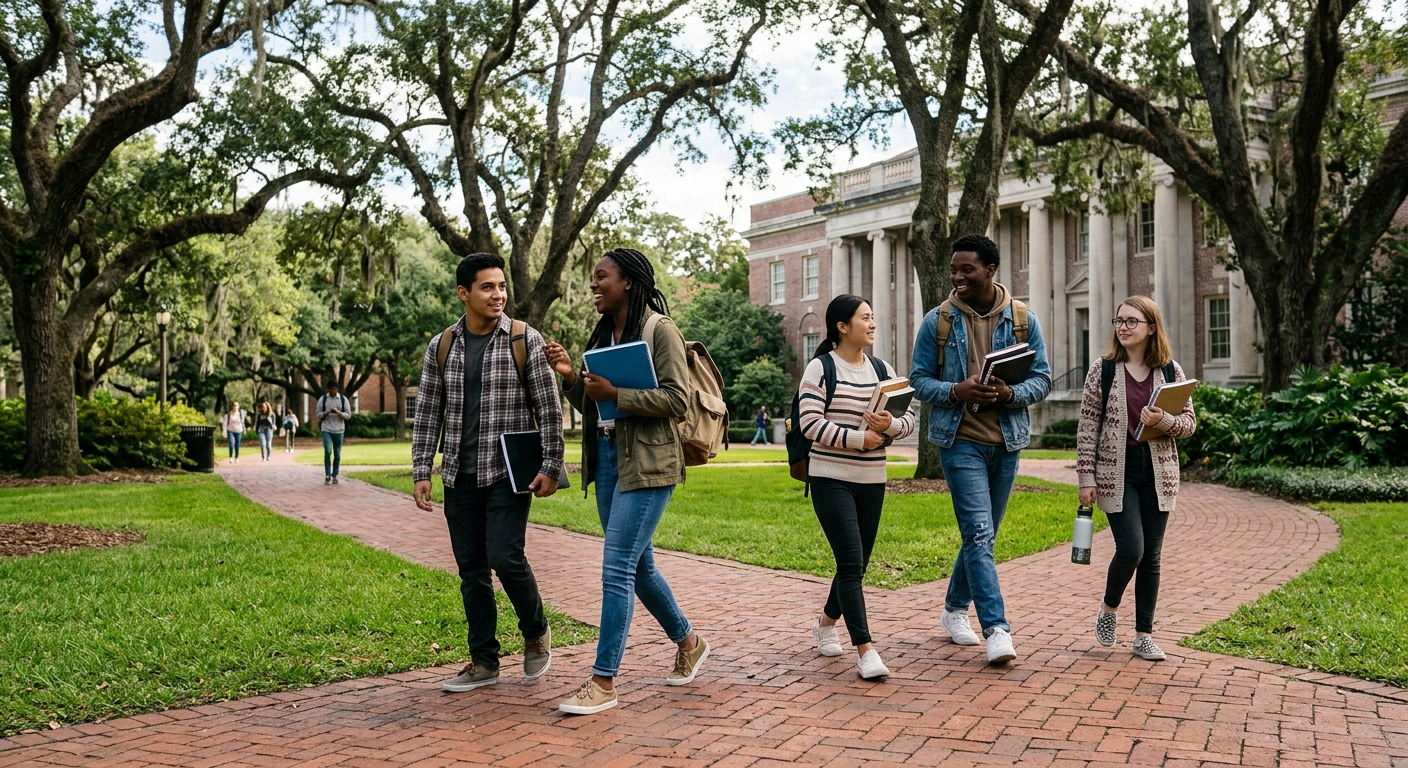 diverse college students carrying notebooks and backpacks, walking along a red brick pathway on a lush university campus lined with large Southern oak trees, na