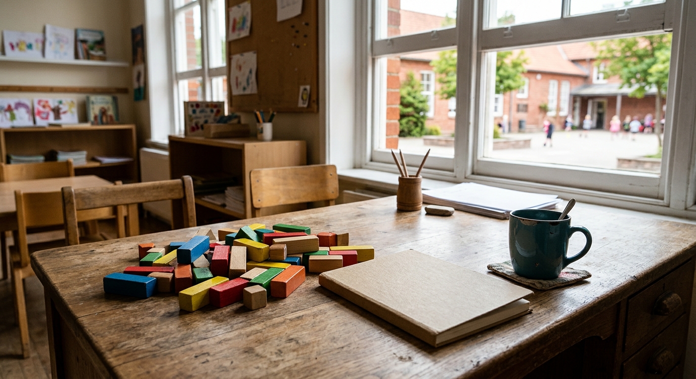 a teacher's wooden desk in an elementary school classroom, featuring a scattered pile of colorful wooden counting blocks, a blank closed notebook, and a ceramic