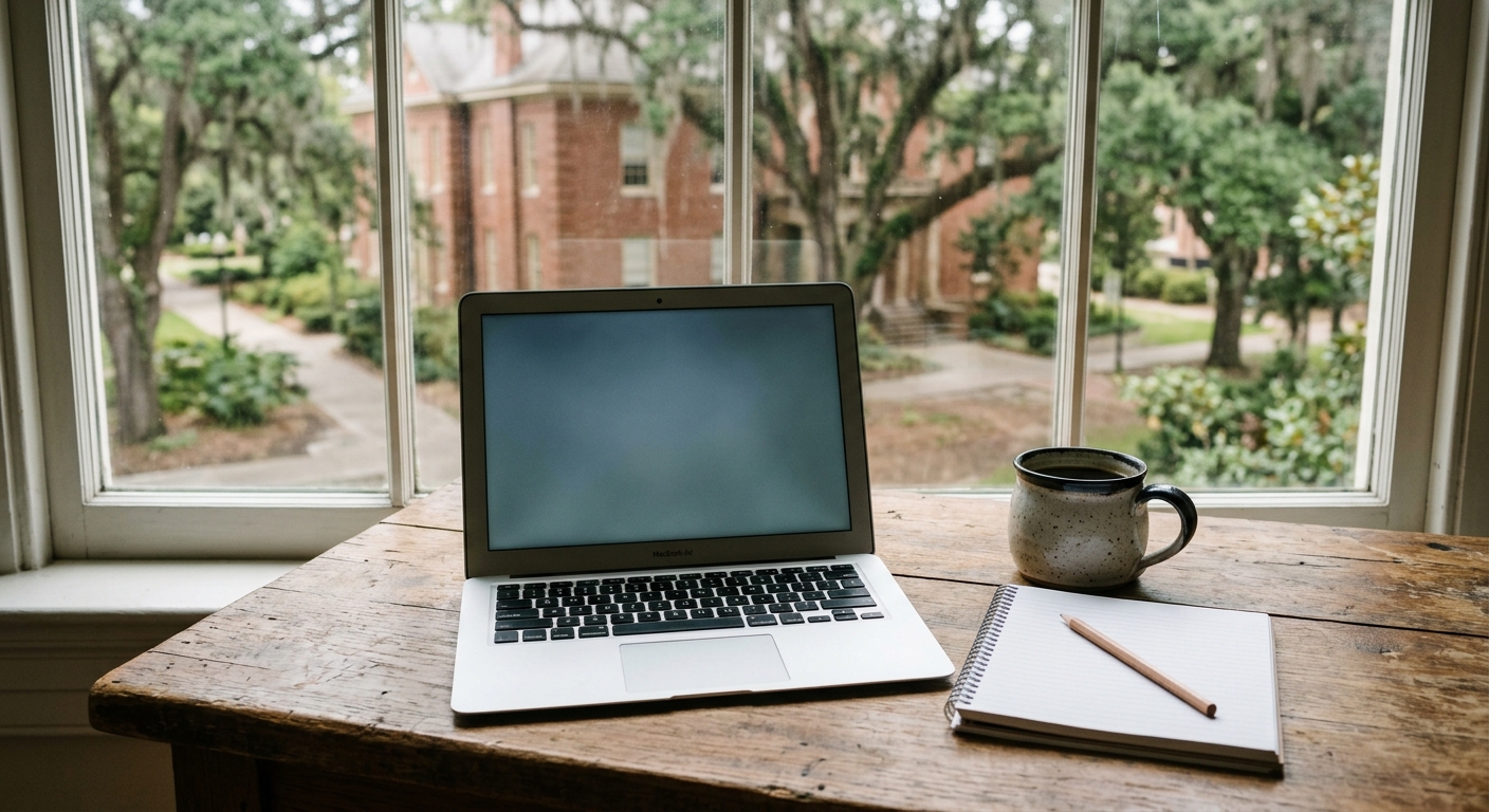 an open laptop, a blank spiral notebook, and a ceramic coffee mug resting on a wooden desk, with a soft-focus view through a nearby window showing a traditional