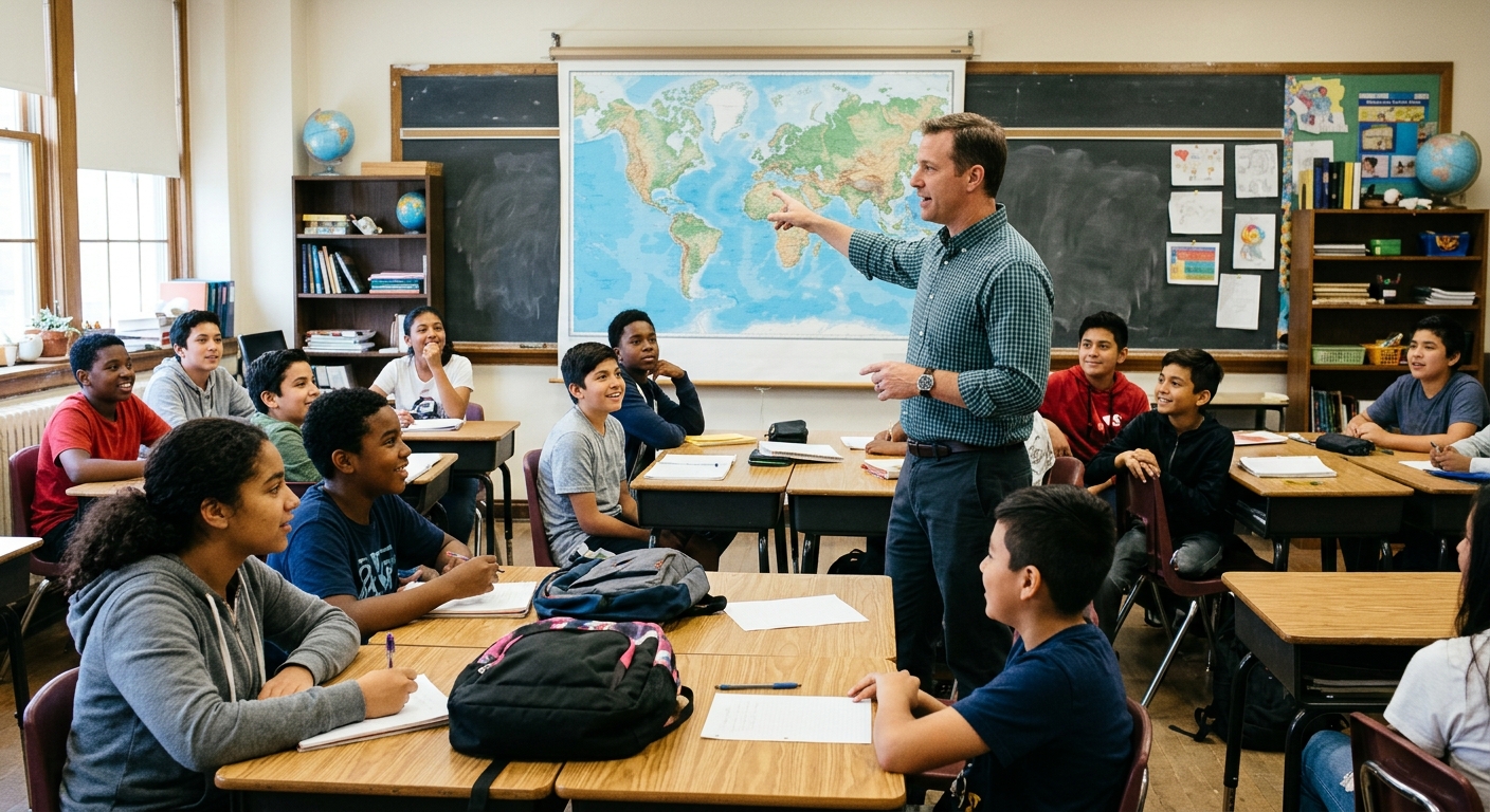 a male middle school teacher in a typical American public school classroom, gesturing towards a large geographical map while teaching a diverse group of teenage